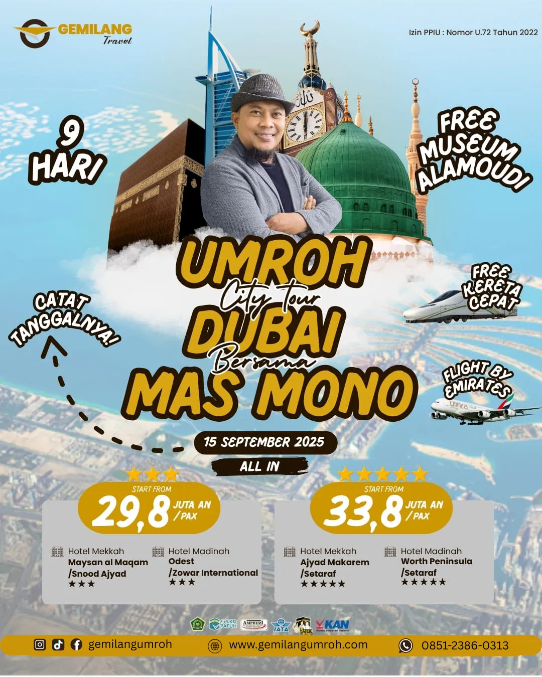 Umroh City Tour Dubai bersama Mas Mono - Paket umroh eksklusif dengan Mas Mono, city tour Dubai, penerbangan Emirates, fasilitas premium lengkap